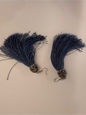 Blue Tassel Drop Earrings with Beaded Cap